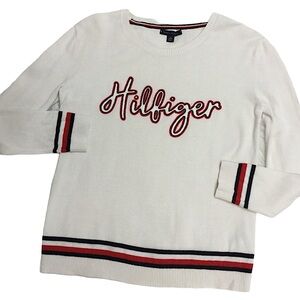 TOMMY HILFIGER sz X Small Sweater Lightweight Crew Neck Branded Cream Red